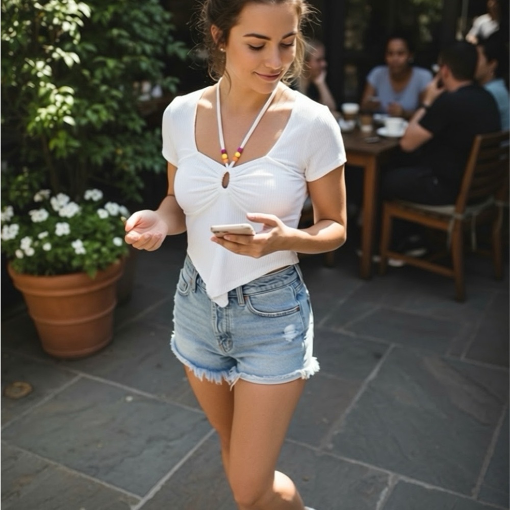 White Ribbed Knot Front Top